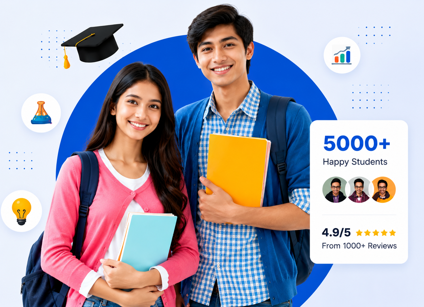 Happy students holding books with a learning platform review card